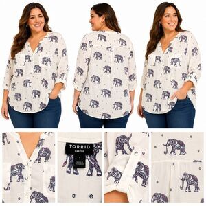 Torrid Harper Elephant Print Roll Tab Blouse Size 1